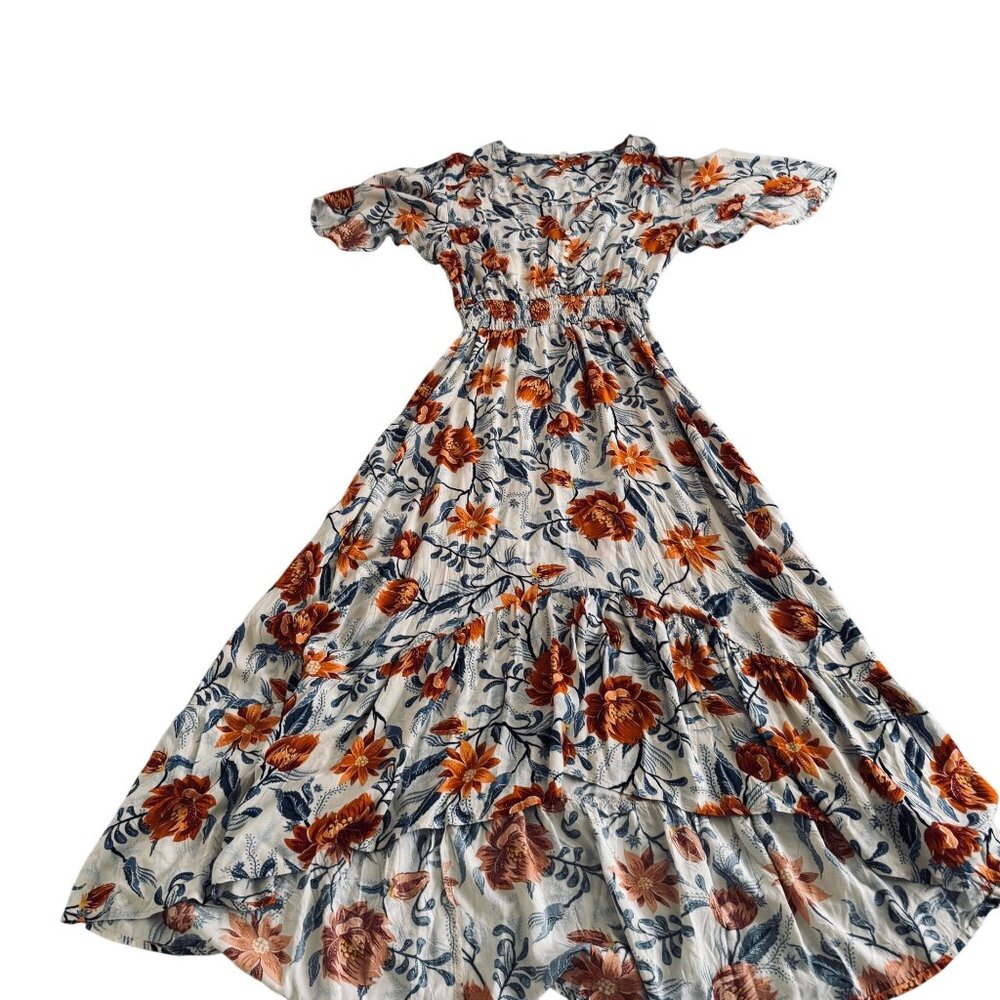 Abel The Label Floral Maxi Dress Size L  Orange V-Neck Tiered Short Sleeve